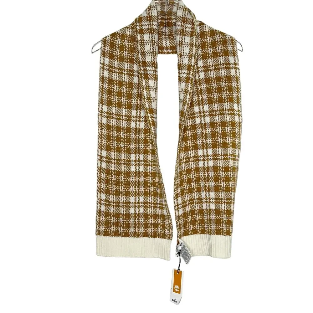 Timberland OS NEW Brown White Plaid Knit Long Scarf Outdoor Neck Warmer